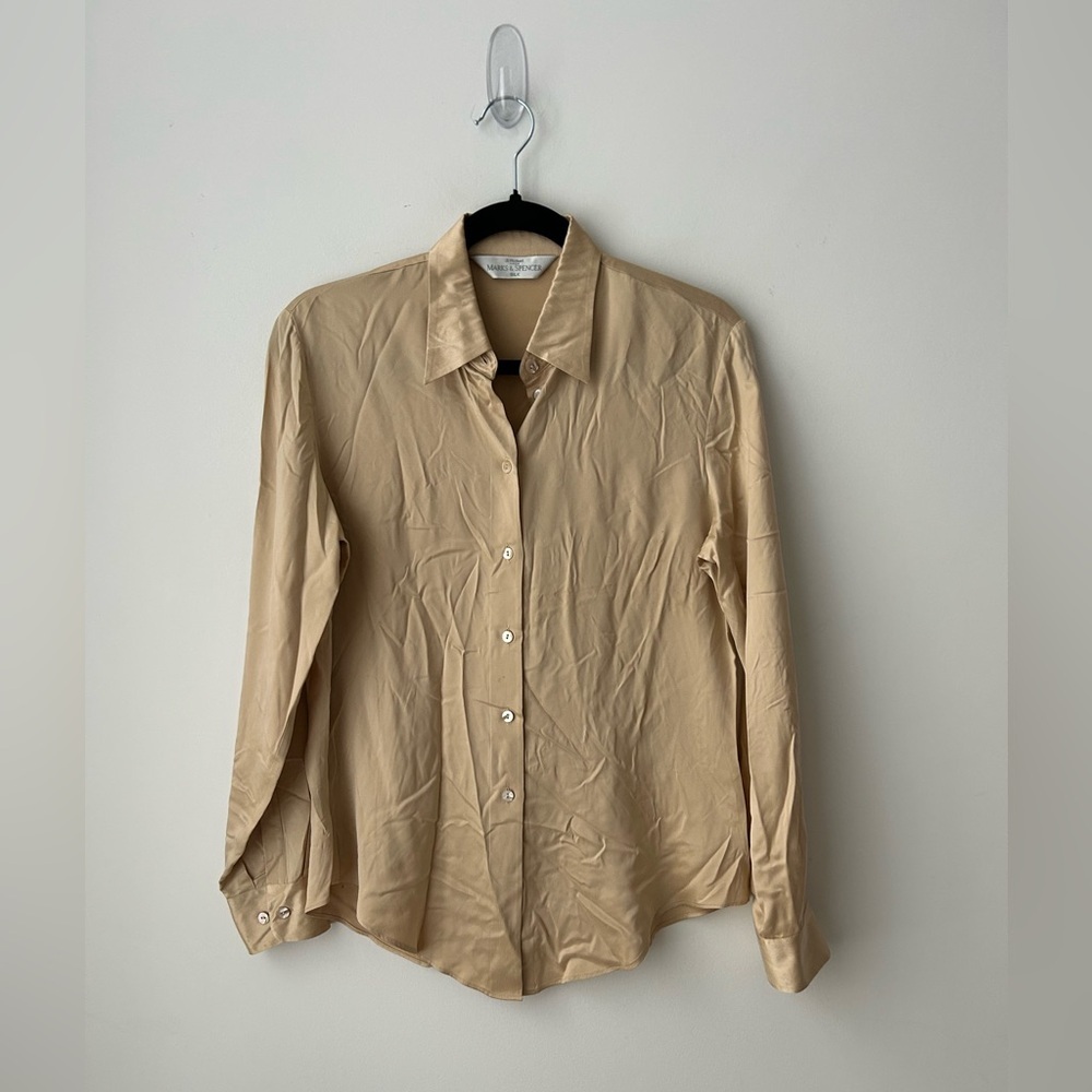 Marks & Spencer 100% Silk Blouse Gold Champagne Button Down Quiet Luxury